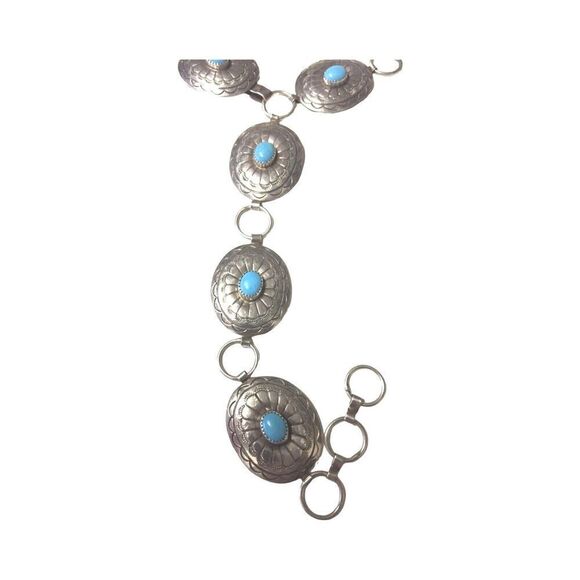 Belt Necklace Vintage Navajo Native Indian Oval Blue Turquoise Sterling Silver